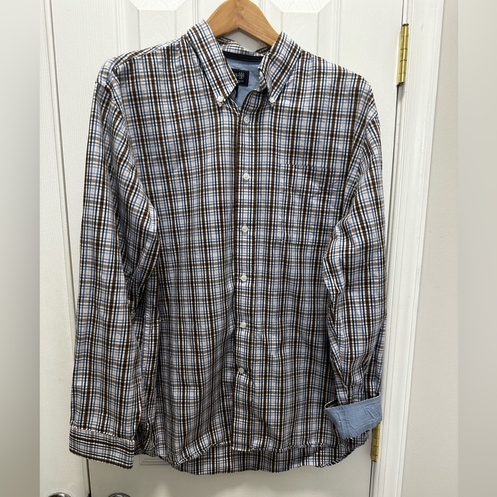 Men's Plaid Bass Dress Shirt Chambray Cuffs Large